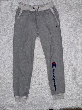 Champion Grey Joggers with Navy Script and Red Accent